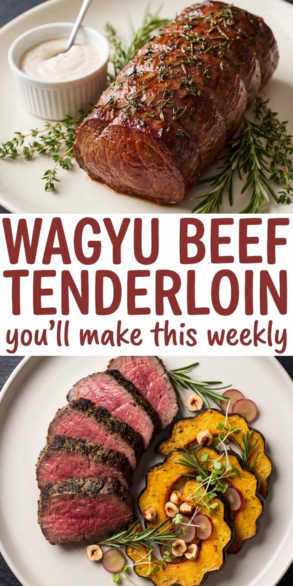 wagyu beef tenderloin recipe pin image sliced steak plated with roasted vegetables