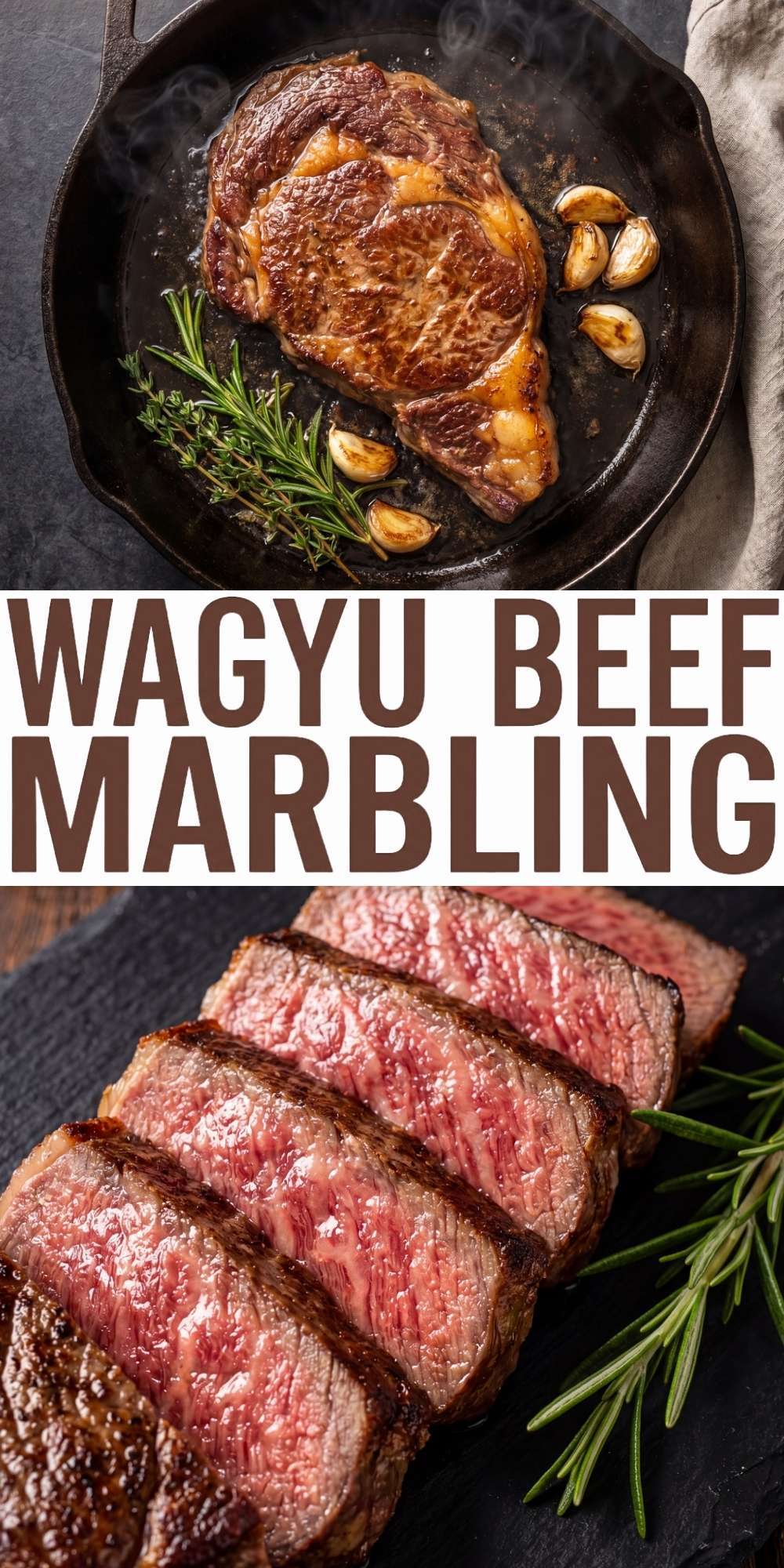 wagyu beef marbling recipe steak cooking in cast iron pan with garlic and herbs high heat sear