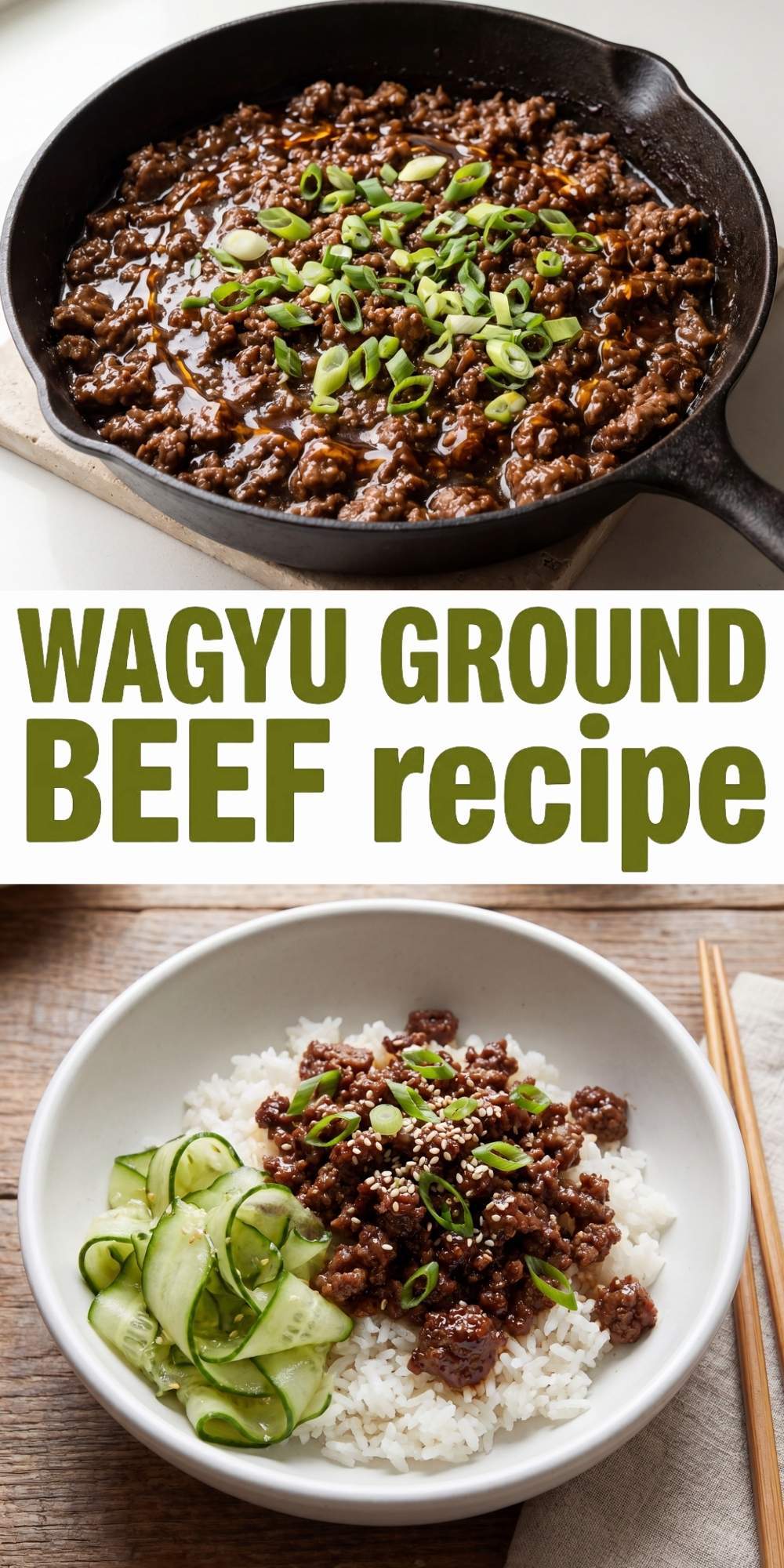 wagyu ground beef recipe cooked in skillet topped with green onions and sesame seeds