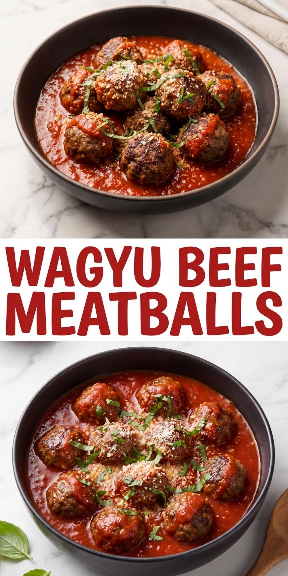 pinterest pin wagyu beef meatballs in marinara sauce with parmesan easy dinner recipe idea