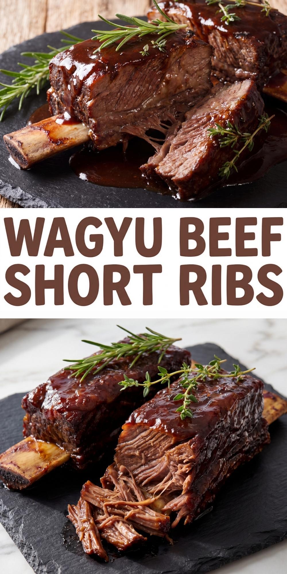 wagyu beef short ribs plated with sauce and herbs braised wagyu beef short ribs recipe pin image