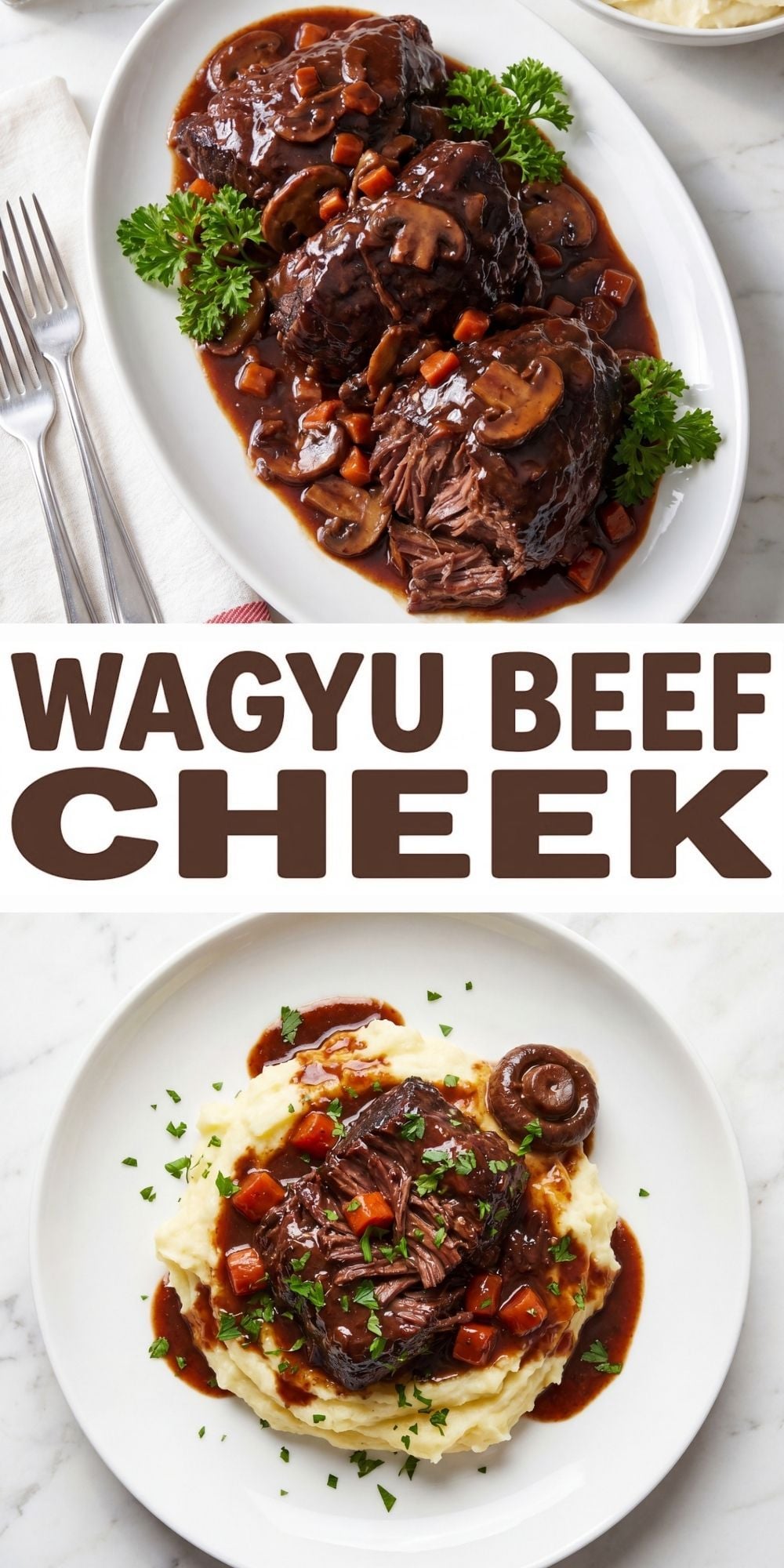 wagyu beef cheek recipe plated with gravy carrots and mushrooms tender braised beef