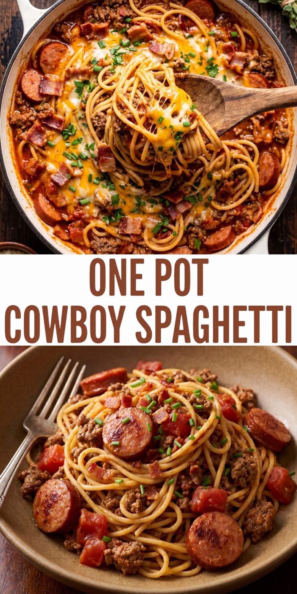 one pot cowboy spaghetti with sausage bacon beef and melted cheese easy family dinner