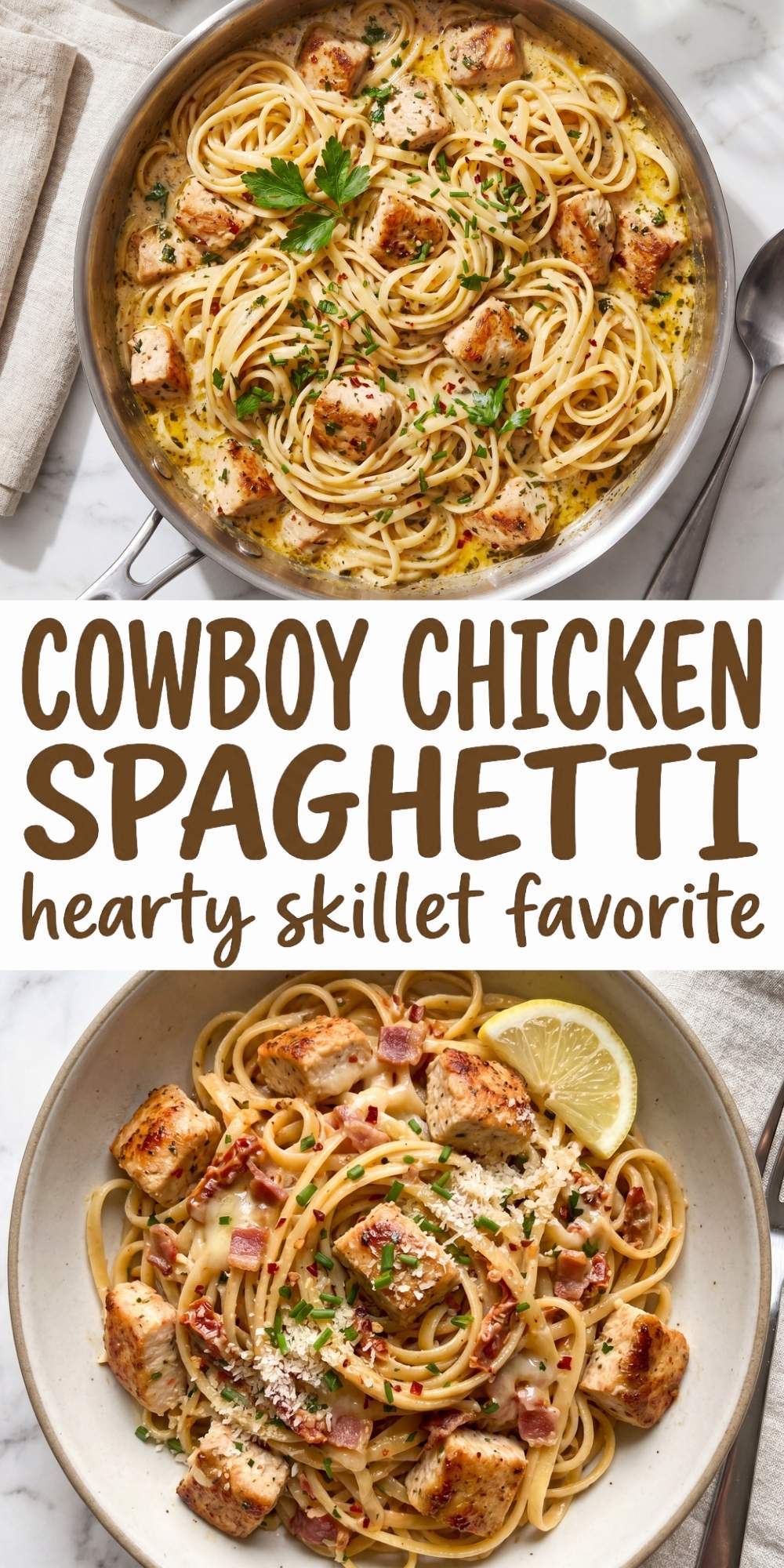 cowboy chicken spaghetti in skillet with creamy sauce chicken pieces and pasta easy one pot comfort food dinner recipe