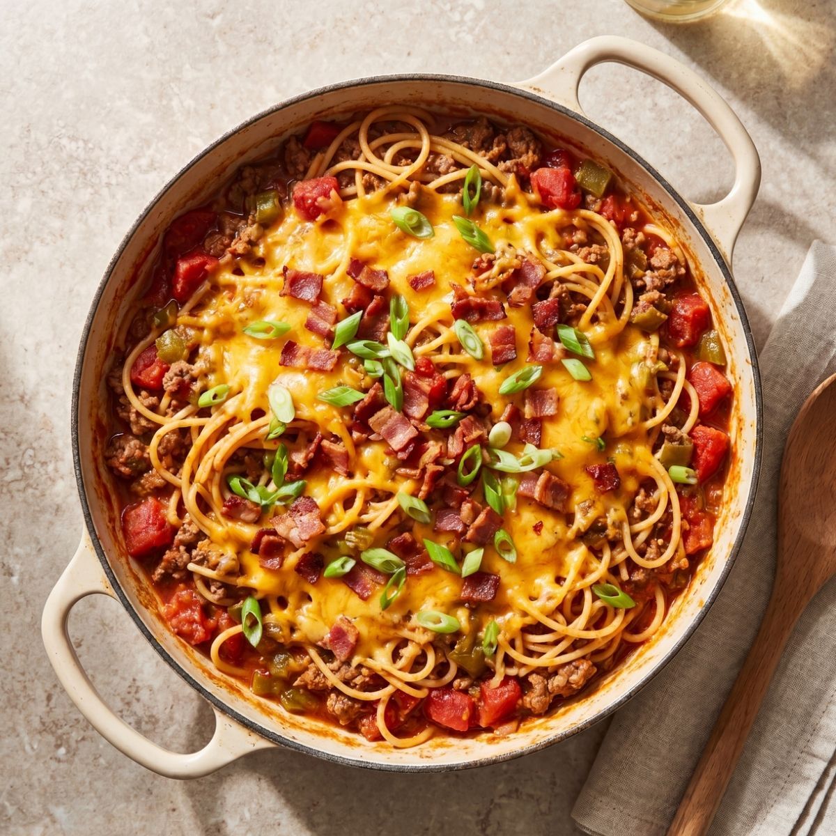 cheesy cowboy spaghetti recipe in skillet with bacon and green onions