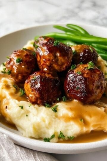Savory chicken meatballs glazed in gravy served over creamy mashed potatoes with a side of steamed green beans.