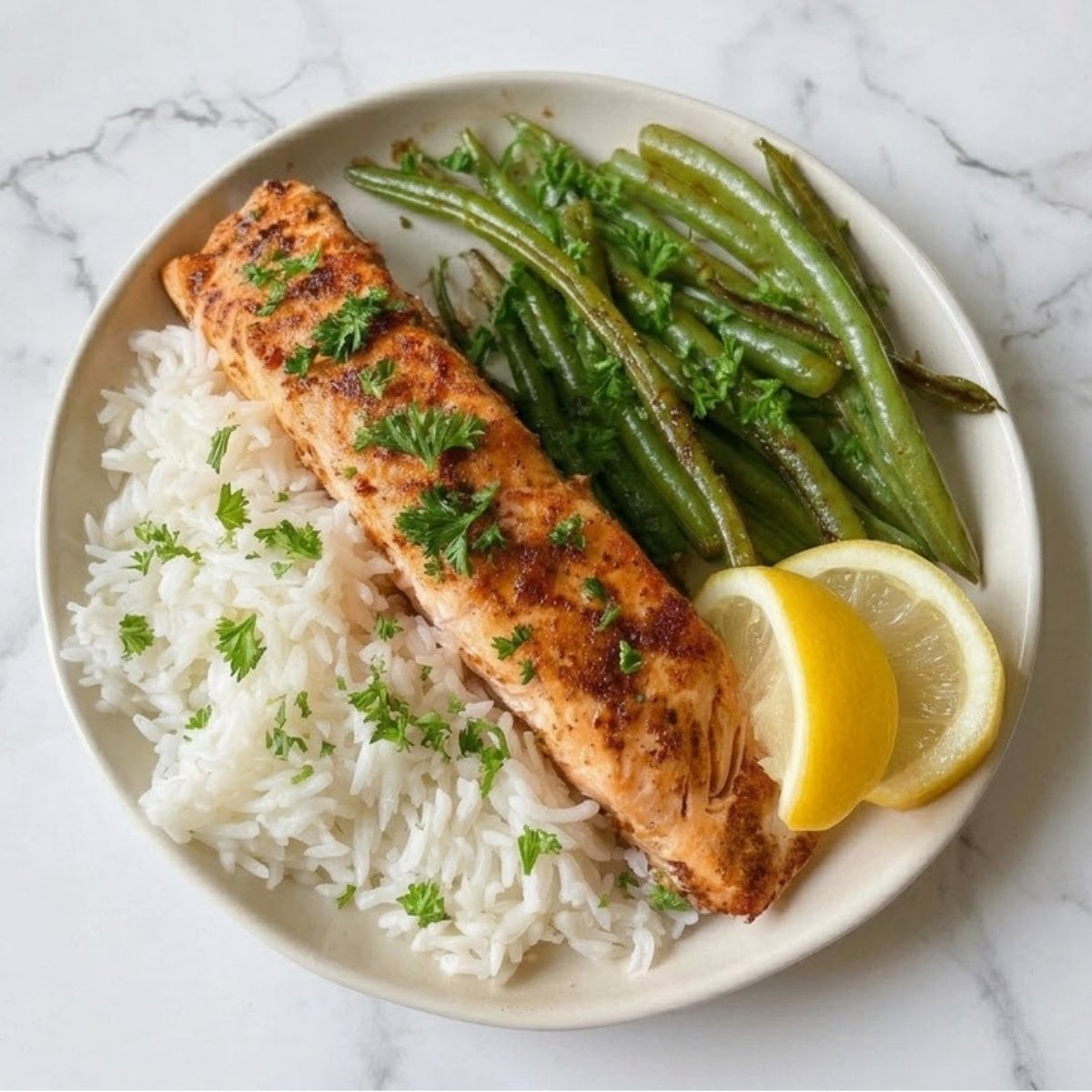 A delicious easy air fryer salmon recipe served with a side of white rice, steamed green beans, and fresh lemon wedges.