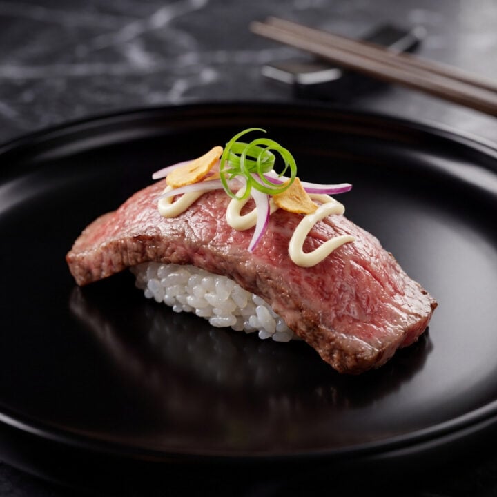 wagyu beef slice on sushi rice with toppings for easy wagyu beef sushi recipe