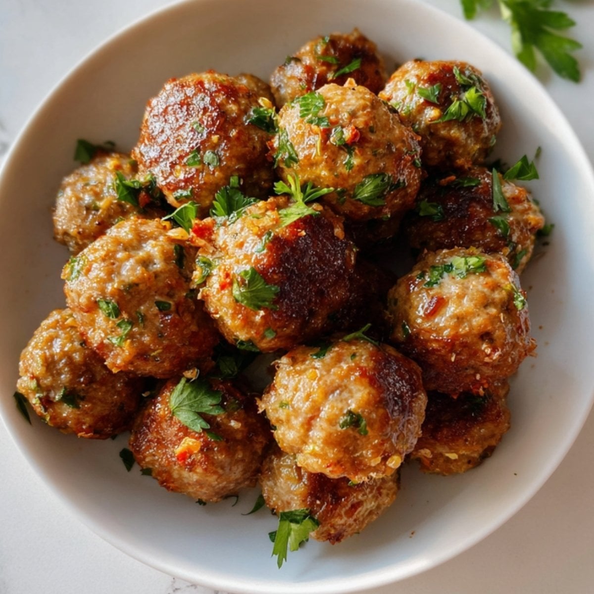 A white bowl filled with golden-brown air fried turkey meatballs garnished with fresh green parsley.