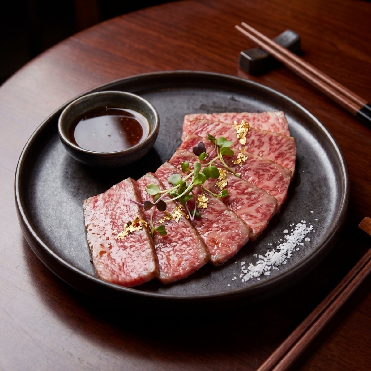 Japanese A5 wagyu beef recipe served sliced on plate with sauce gourmet steakhouse style luxury dinner idea