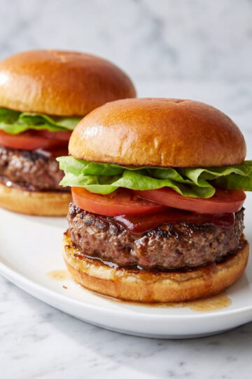 juicy wagyu beef burger patties recipe served on plate with lettuce tomato and soft bun