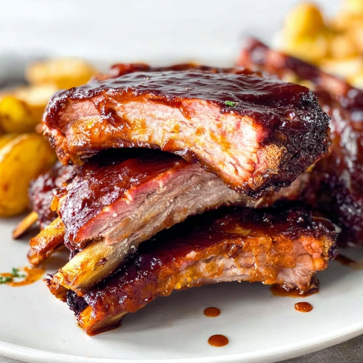 A close-up stack of sliced pork ribs showing a glistening BBQ glaze and tender meat, part of a Pellet Smoker Ribs Recipe.