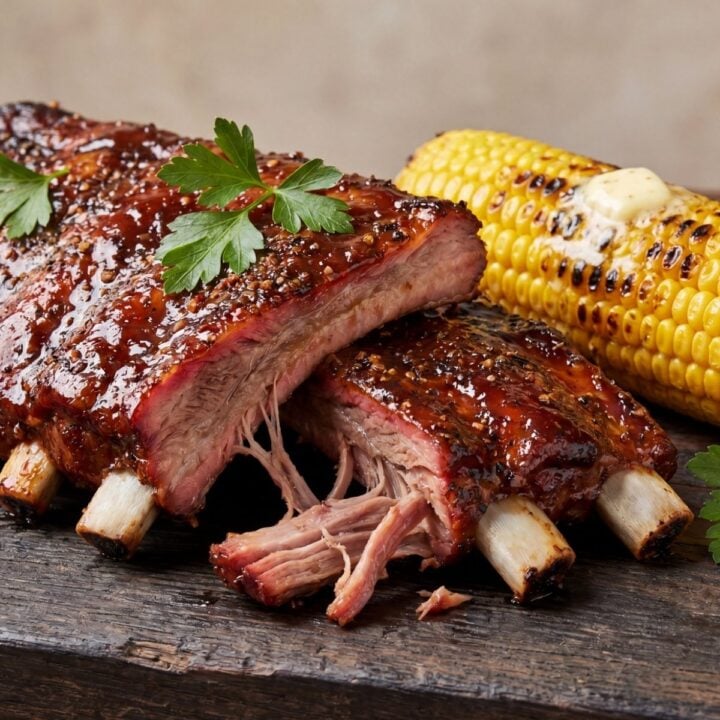 Pit Boss pellet smoker rib recipe with juicy ribs glazed in BBQ sauce and served with grilled corn