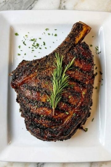 A perfectly cooked, bone-in smoked prime rib roast on a white rectangular platter, garnished with a fresh rosemary sprig and chopped parsley.
