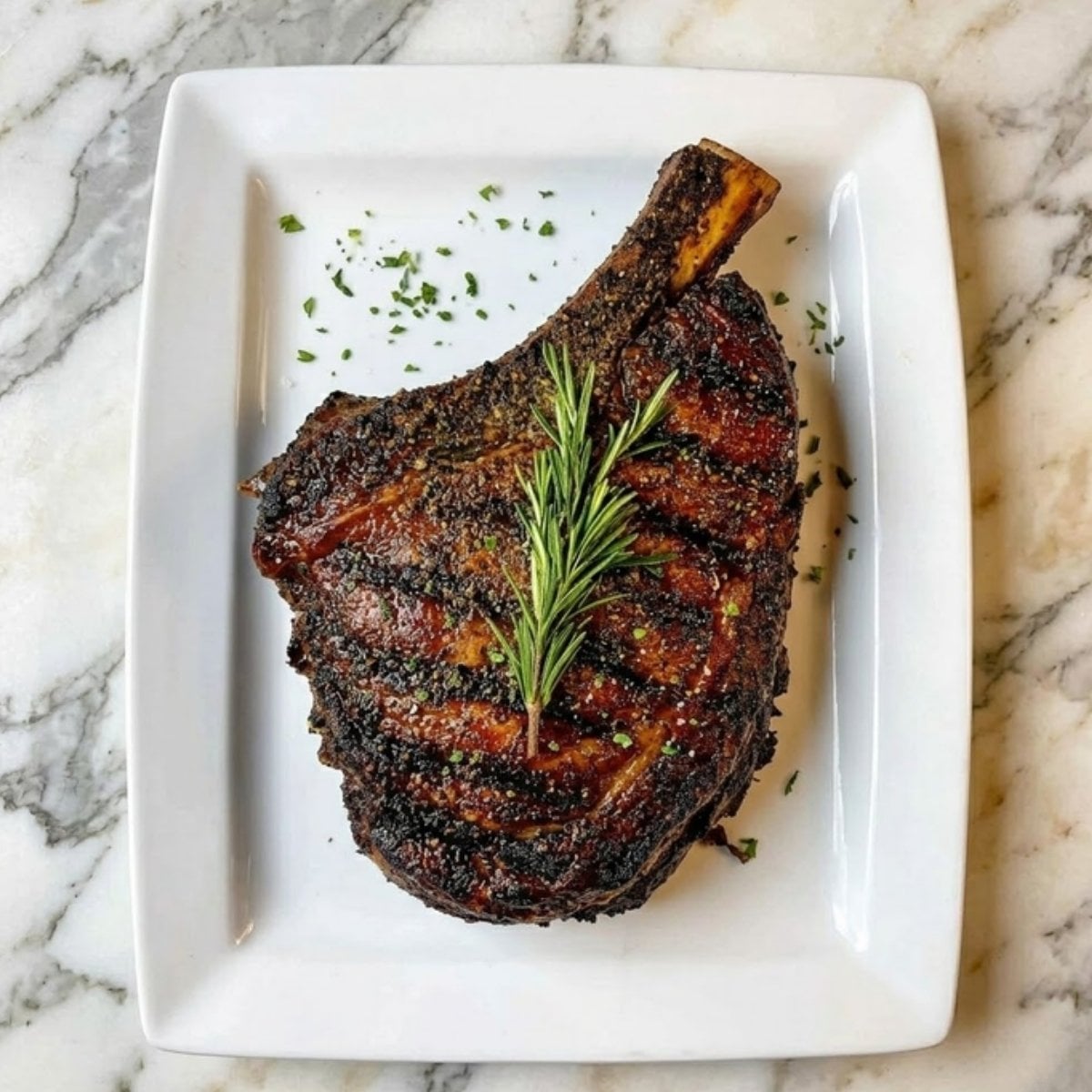 A perfectly cooked, bone-in smoked prime rib roast on a white rectangular platter, garnished with a fresh rosemary sprig and chopped parsley.