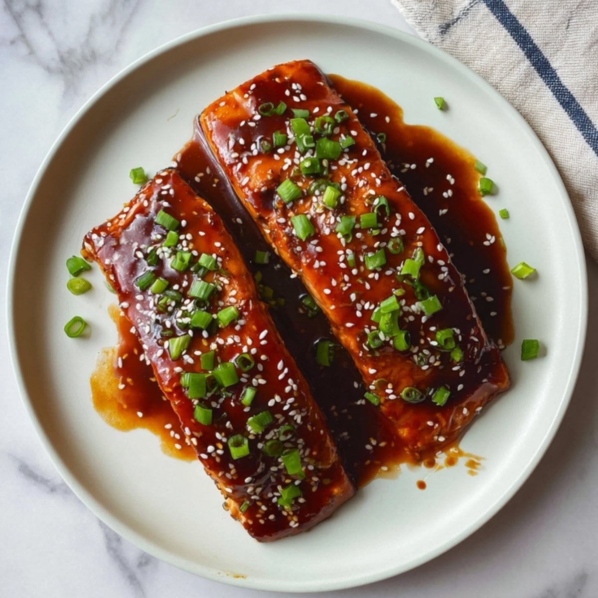A professional shot of two glazed teriyaki salmon fillets served on a white plate with extra sauce.