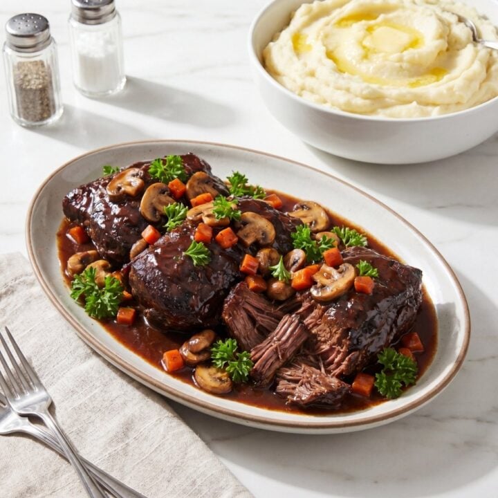 wagyu beef cheek recipe served with rich gravy mushrooms carrots and mashed potatoes on side