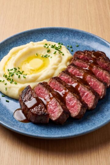 wagyu beef marbling recipe served with creamy mashed potatoes and sauce on a blue plate