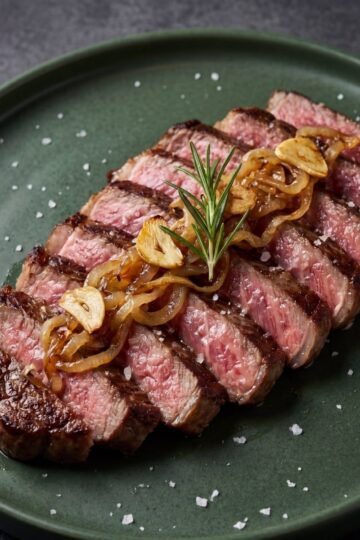 A close-up, angled shot of a Wagyu Beef Ribeye Steak Recipe, featuring perfectly sliced medium-rare steak topped with golden caramelized onions, crispy garlic chips, and a sprig of fresh rosemary on a matte green plate.
