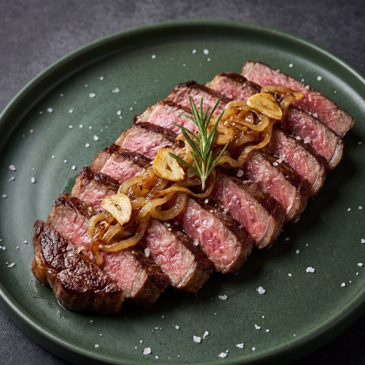 A close-up, angled shot of a Wagyu Beef Ribeye Steak Recipe, featuring perfectly sliced medium-rare steak topped with golden caramelized onions, crispy garlic chips, and a sprig of fresh rosemary on a matte green plate.