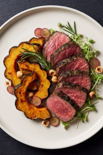 wagyu beef tenderloin recipe sliced medium rare steak plated with vegetables gourmet meal