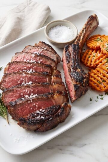 wagyu beef tomahawk steak recipe plated steak with crispy fries and rosemary easy dinner