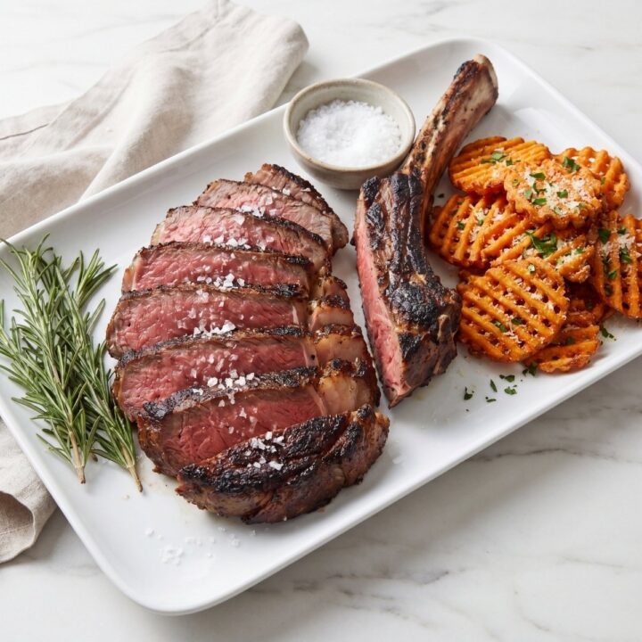wagyu beef tomahawk steak recipe plated steak with crispy fries and rosemary easy dinner