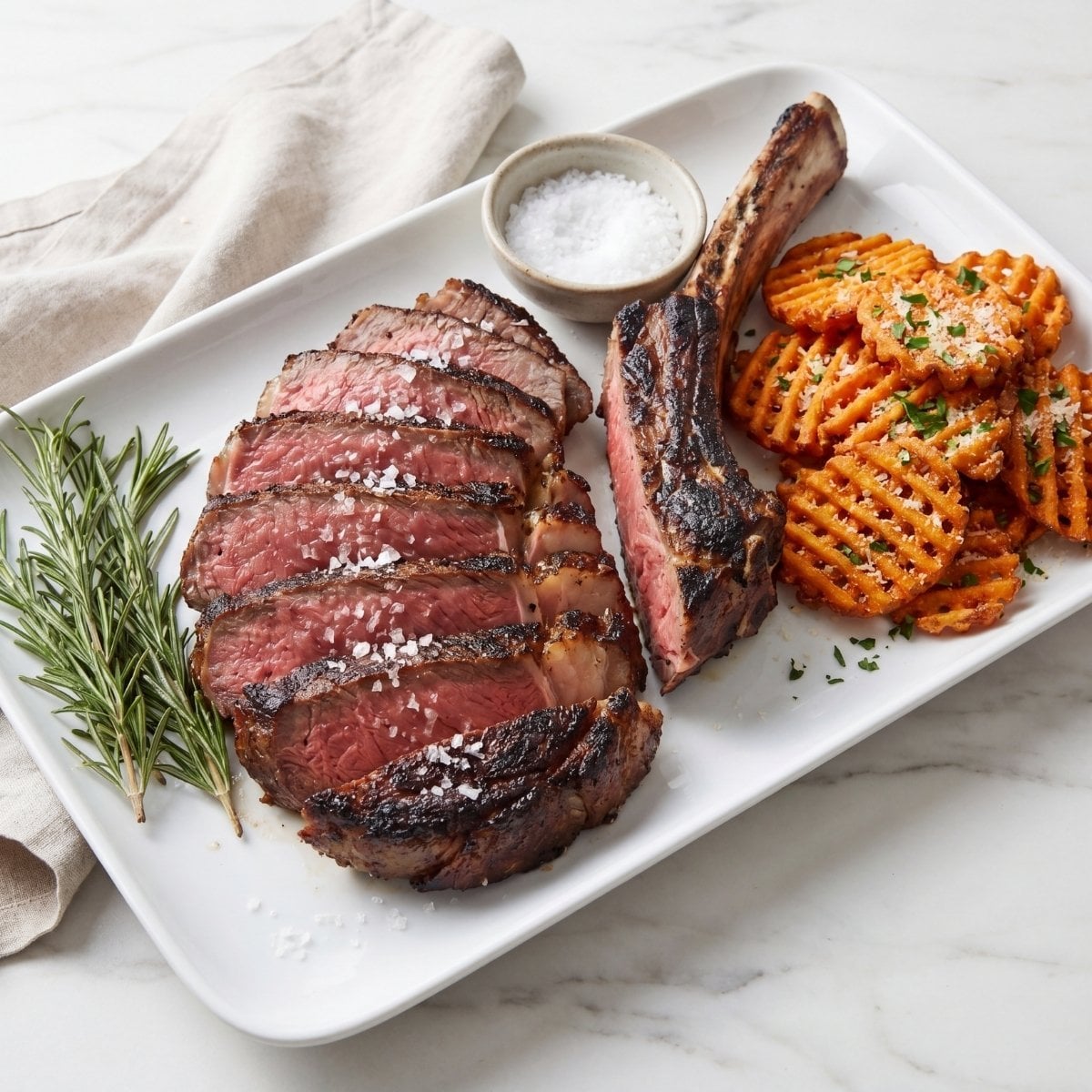 wagyu beef tomahawk steak recipe plated steak with crispy fries and rosemary easy dinner