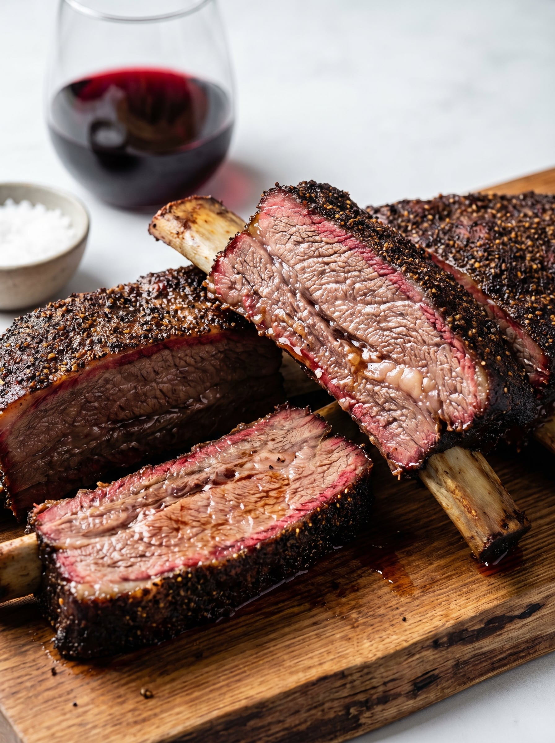 Close up smoked beef short ribs pellet smoker recipe showing tender juicy meat and bark