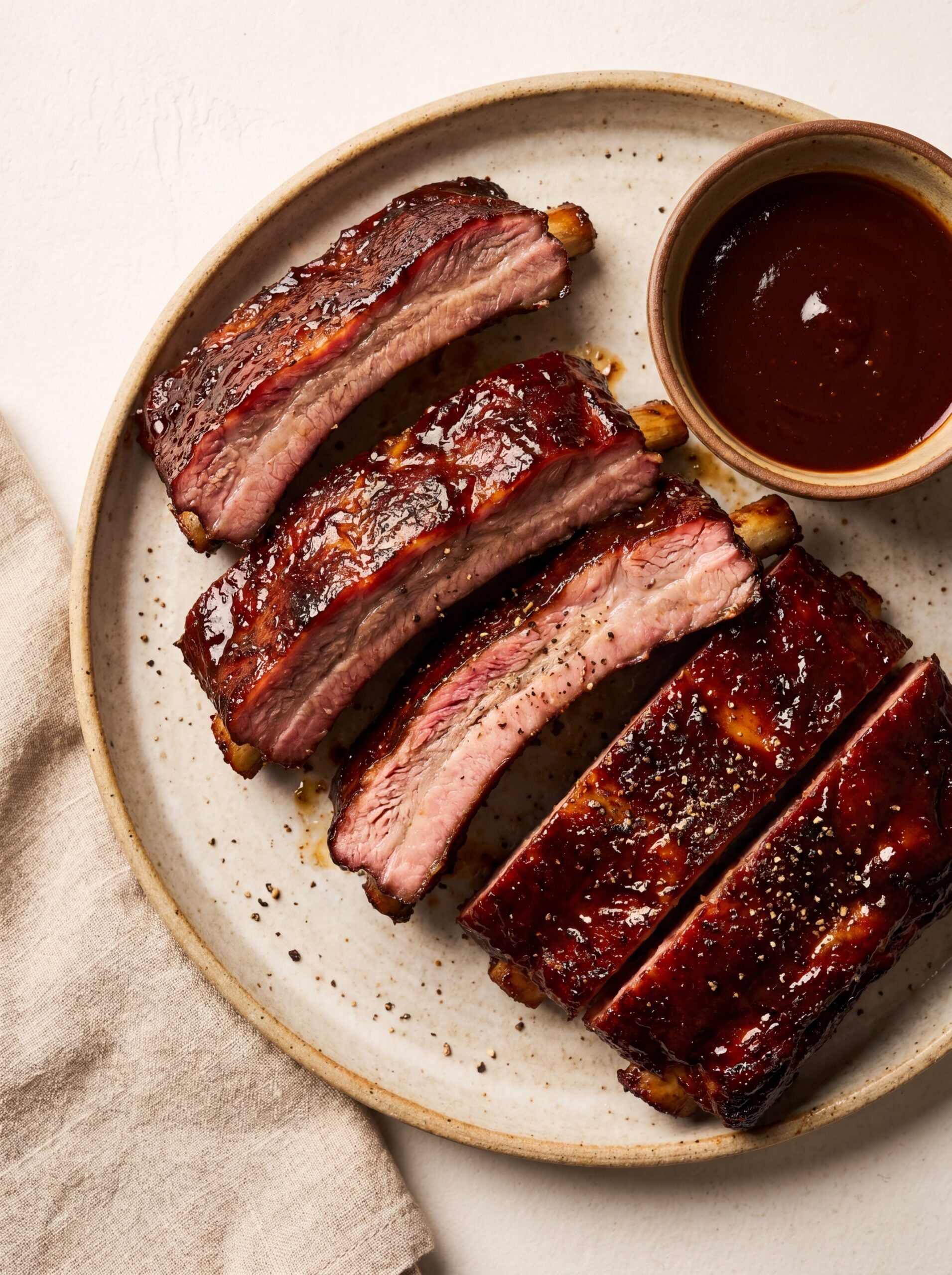 plated St Louis ribs with bbq sauce on side ready to serve
