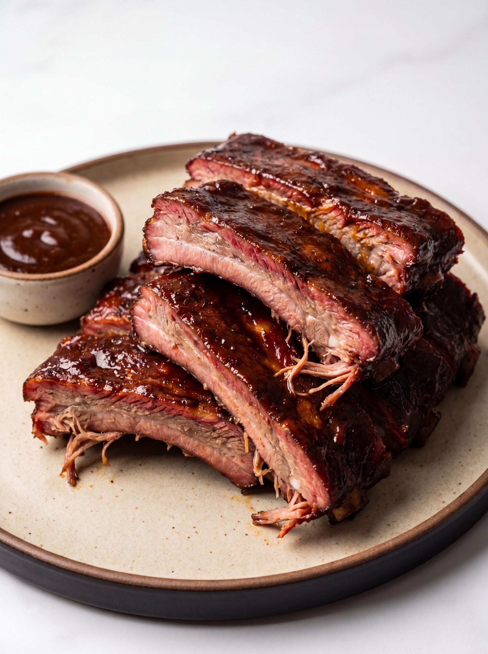 close up of stacked St Louis ribs with juicy meat and glaze