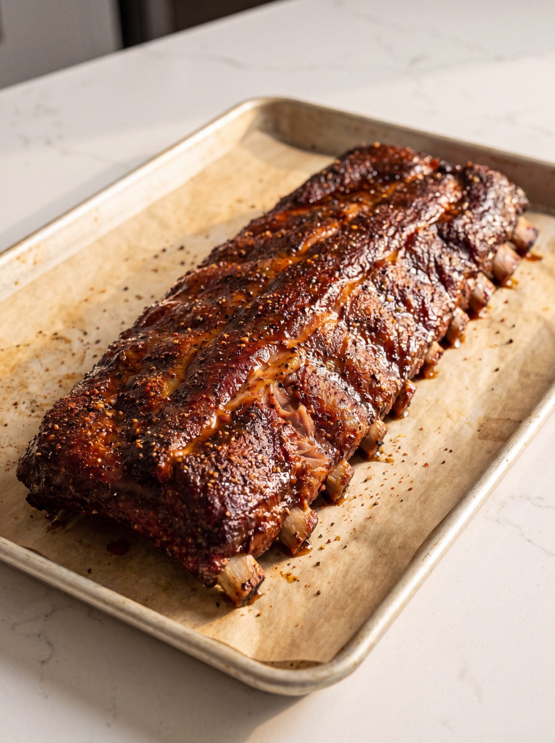 juicy pellet smoker St Louis ribs on baking tray with bbq rub and glaze