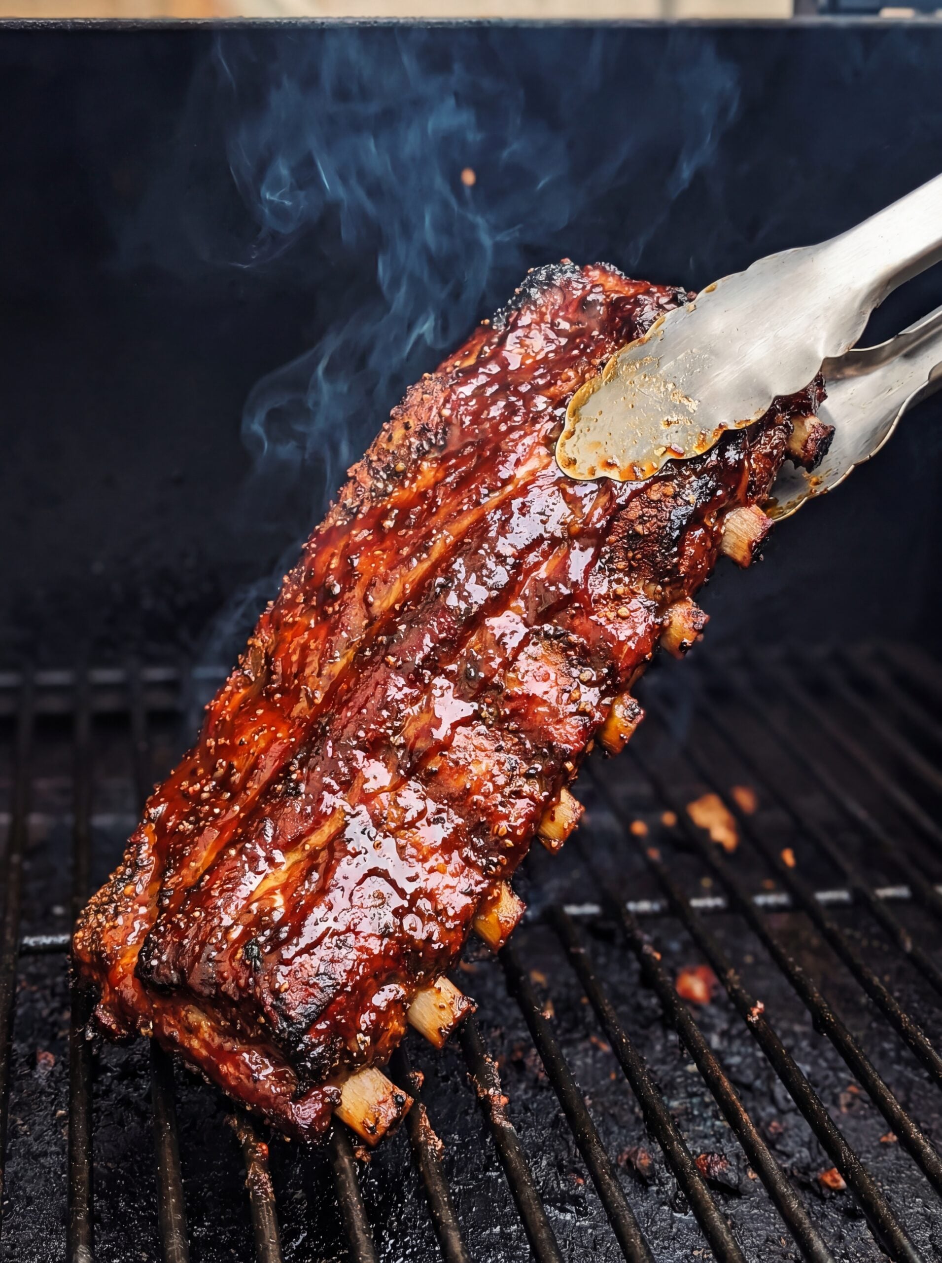 smoked St Louis ribs on grill with tongs and visible smoke