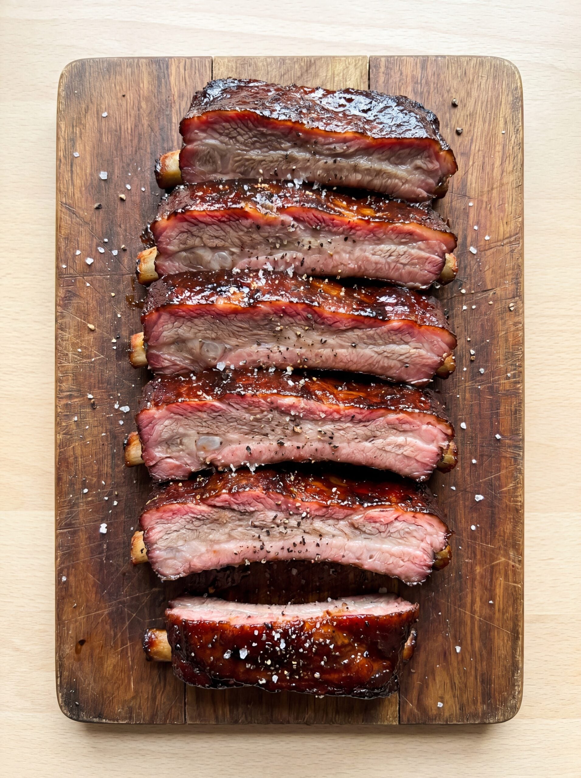sliced St Louis ribs showing tender juicy inside with smoke ring