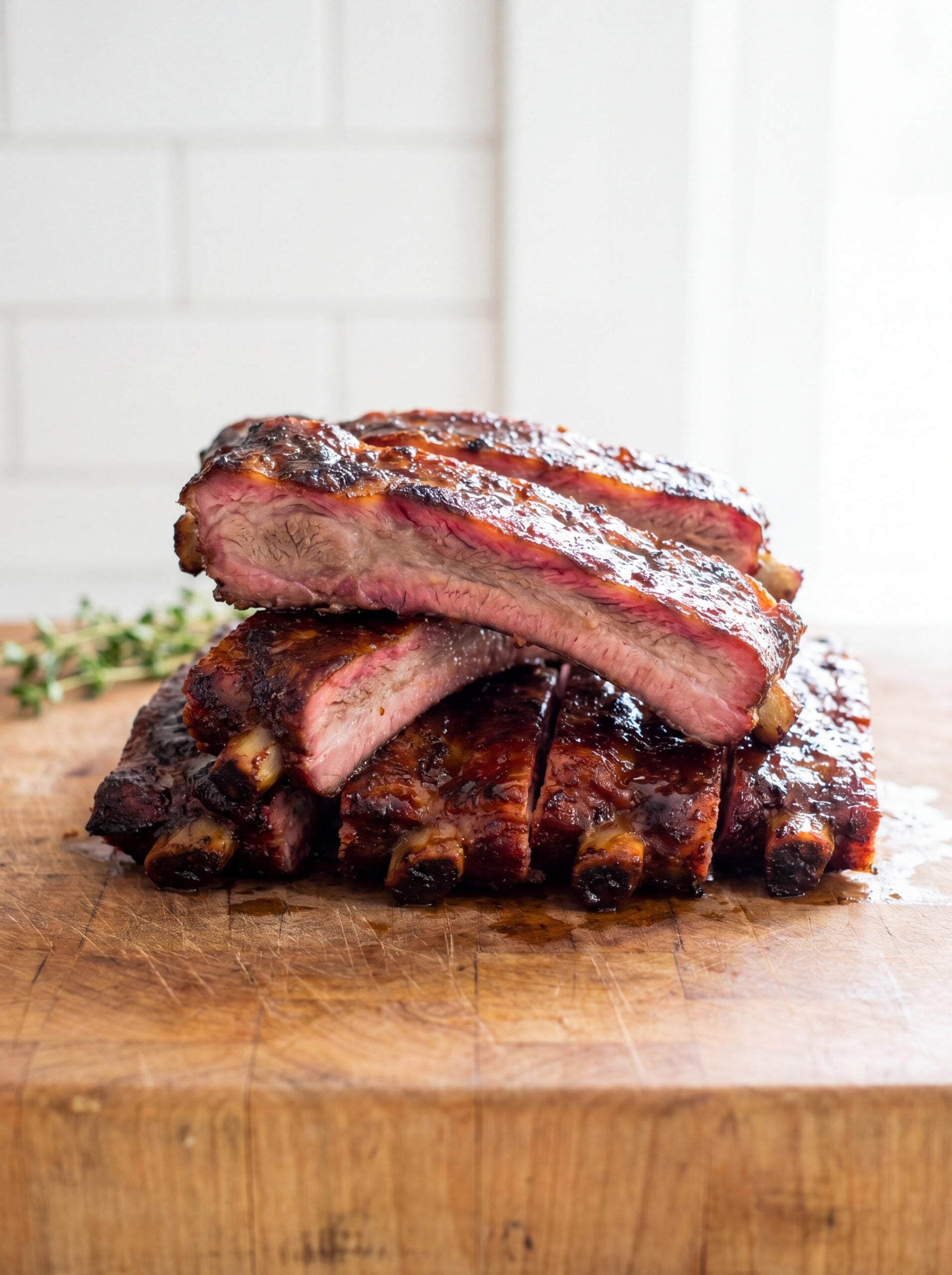 stacked smoked ribs with visible pink smoke ring and bbq glaze