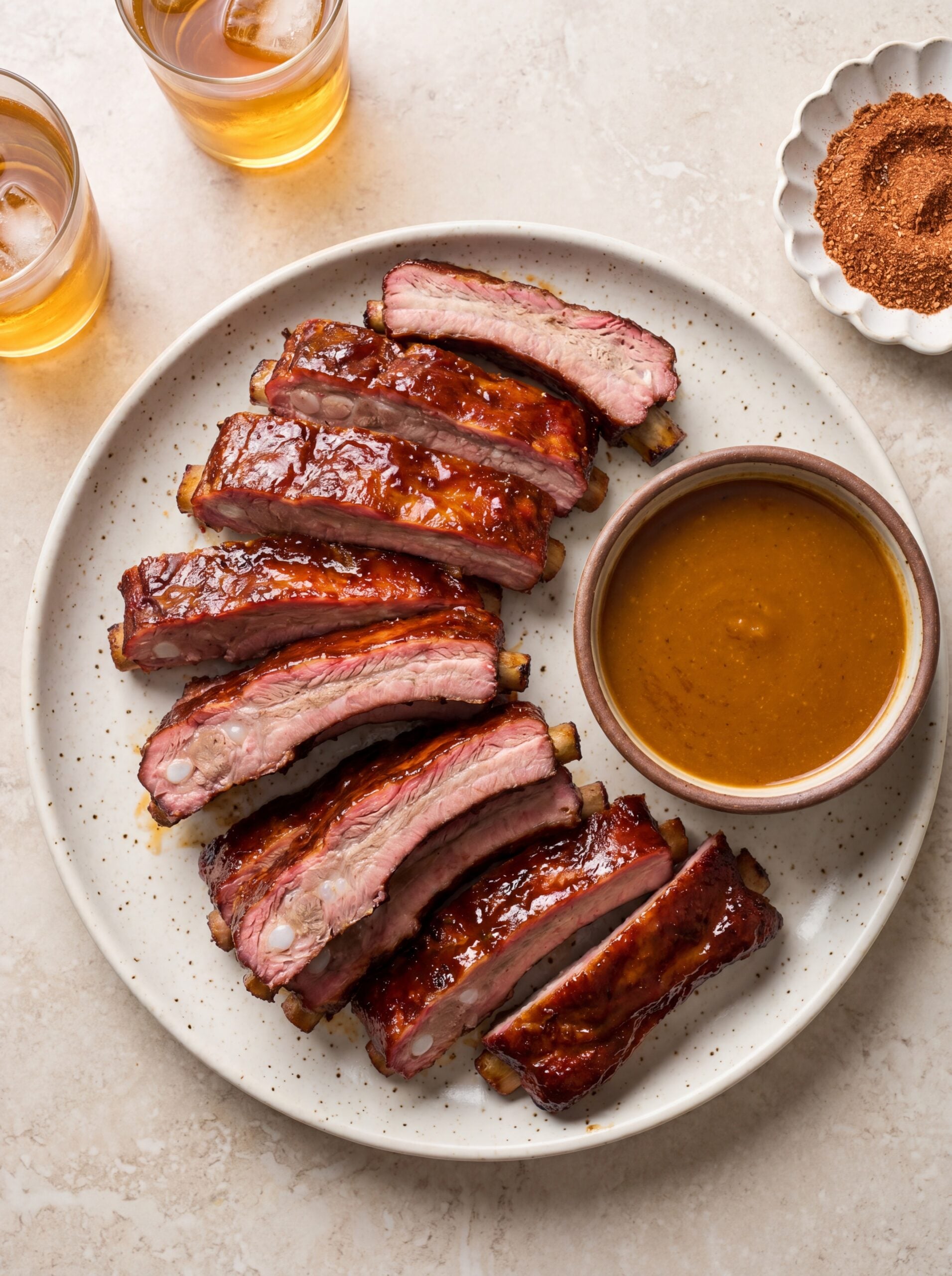 plate of smoked ribs with bbq sauce using 3 2 1 pellet smoker method