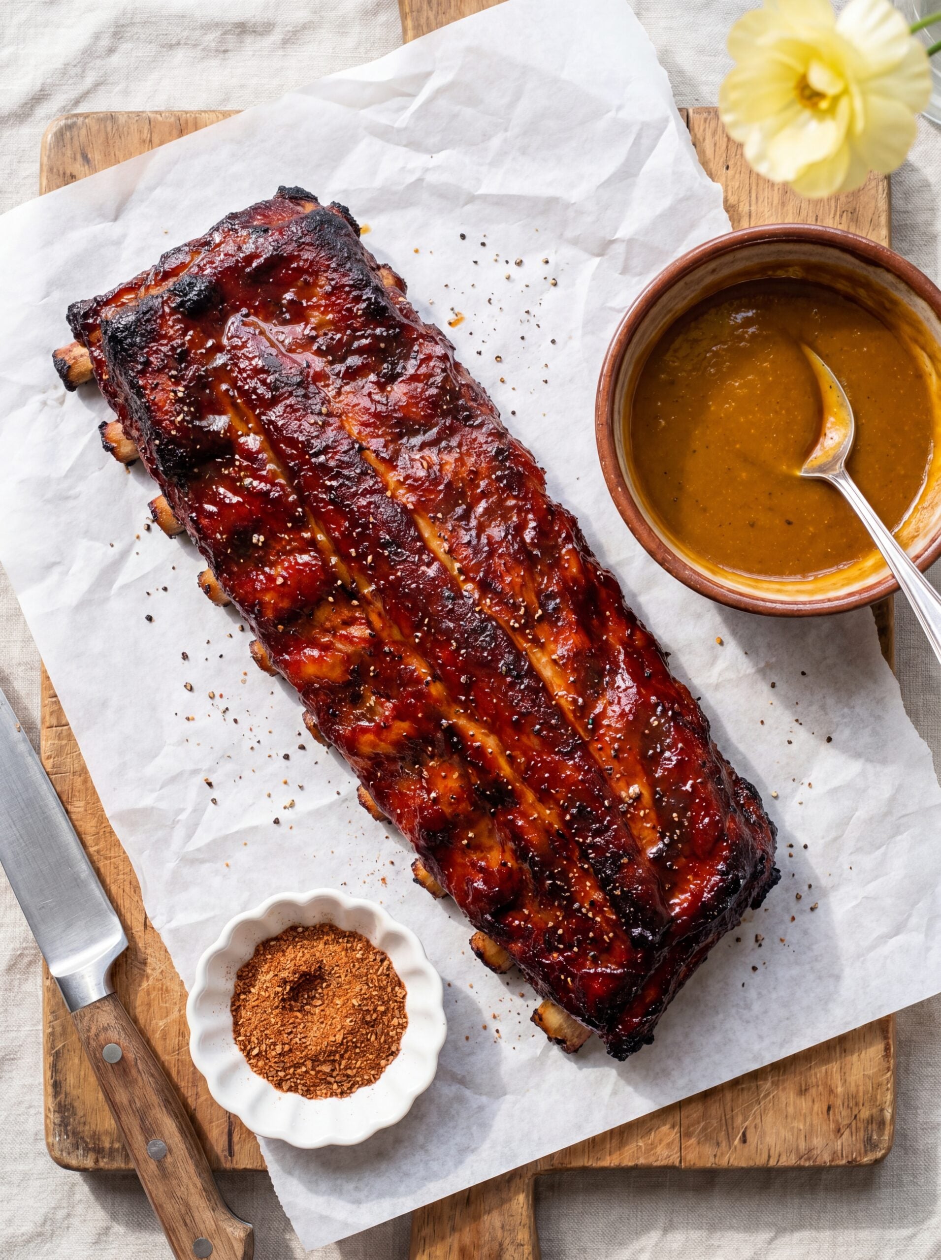 full rack of glazed ribs cooked with 3 2 1 pellet smoker method