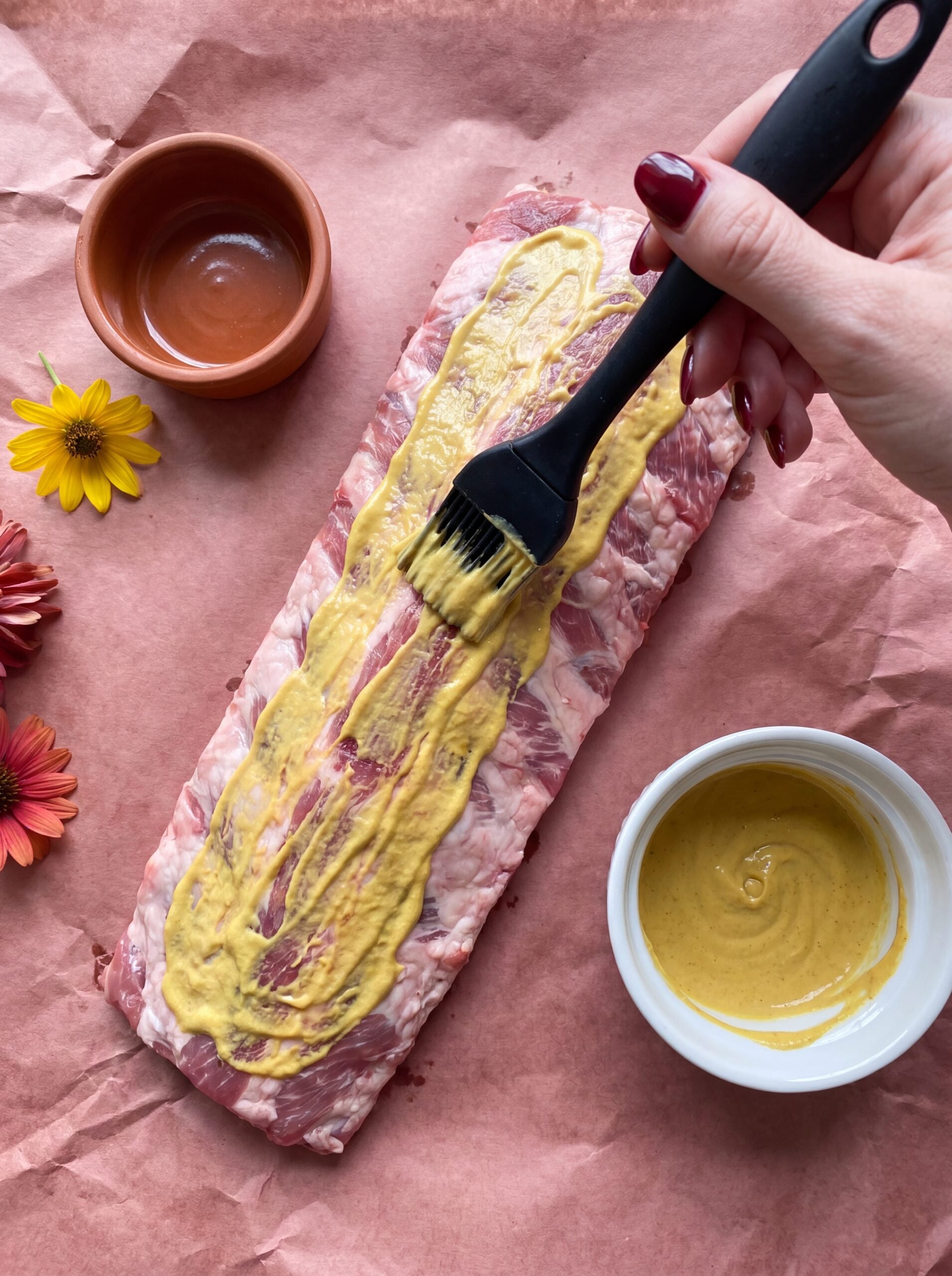 raw ribs with mustard base for 3 2 1 ribs recipe pellet smoker prep step