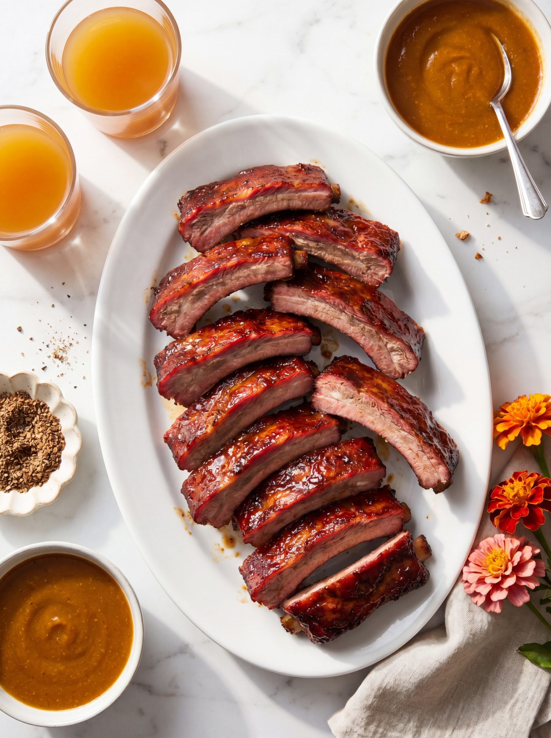 sliced smoked ribs plated with bbq sauce for 3 2 1 ribs recipe pellet smoker