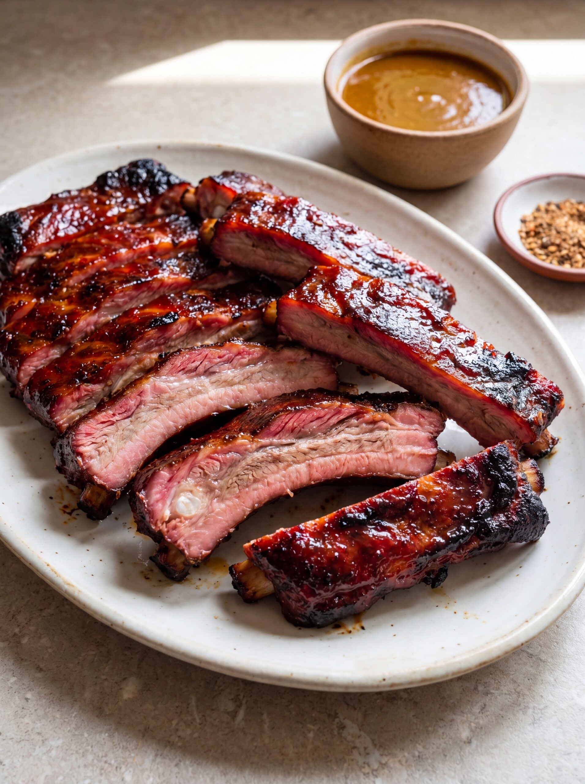 close up smoked ribs showing juicy texture from 3 2 1 pellet smoker method
