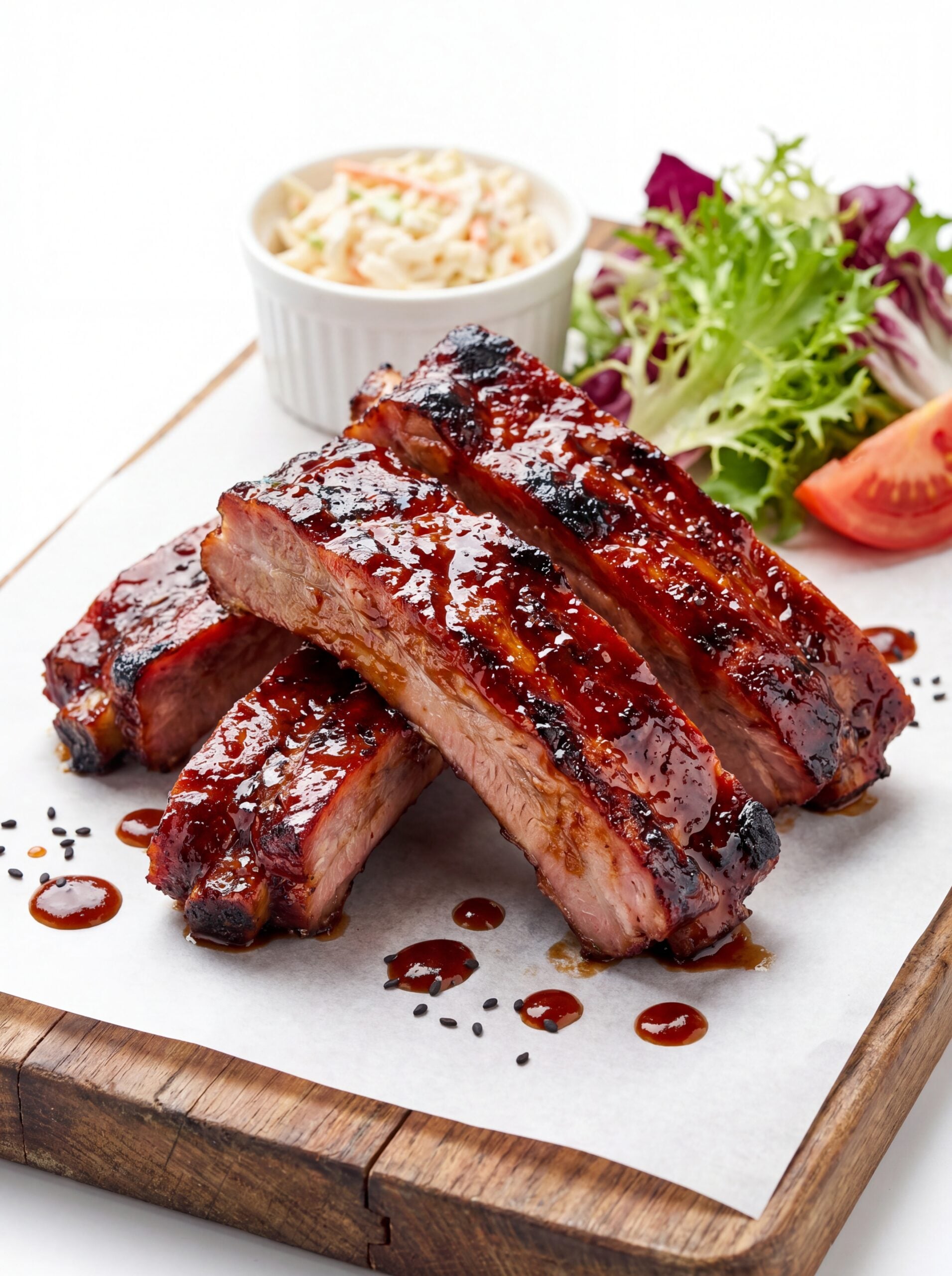 plated country style ribs with coleslaw and salad side dish