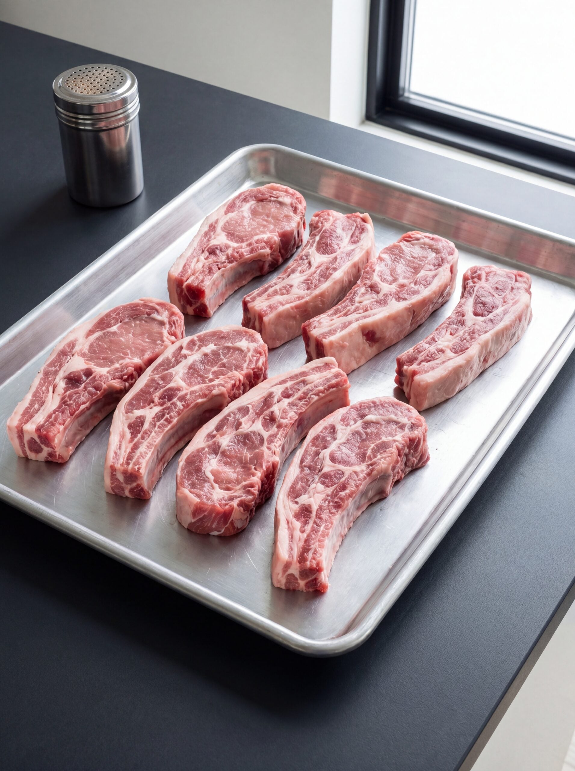 raw country style pork ribs on tray for pellet smoker ribs recipe prep