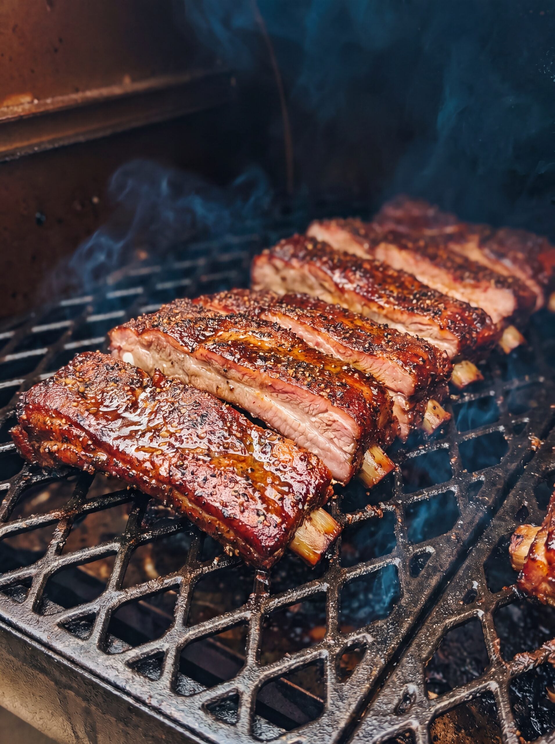 smoked country style ribs on grill with bark and smoke flavor