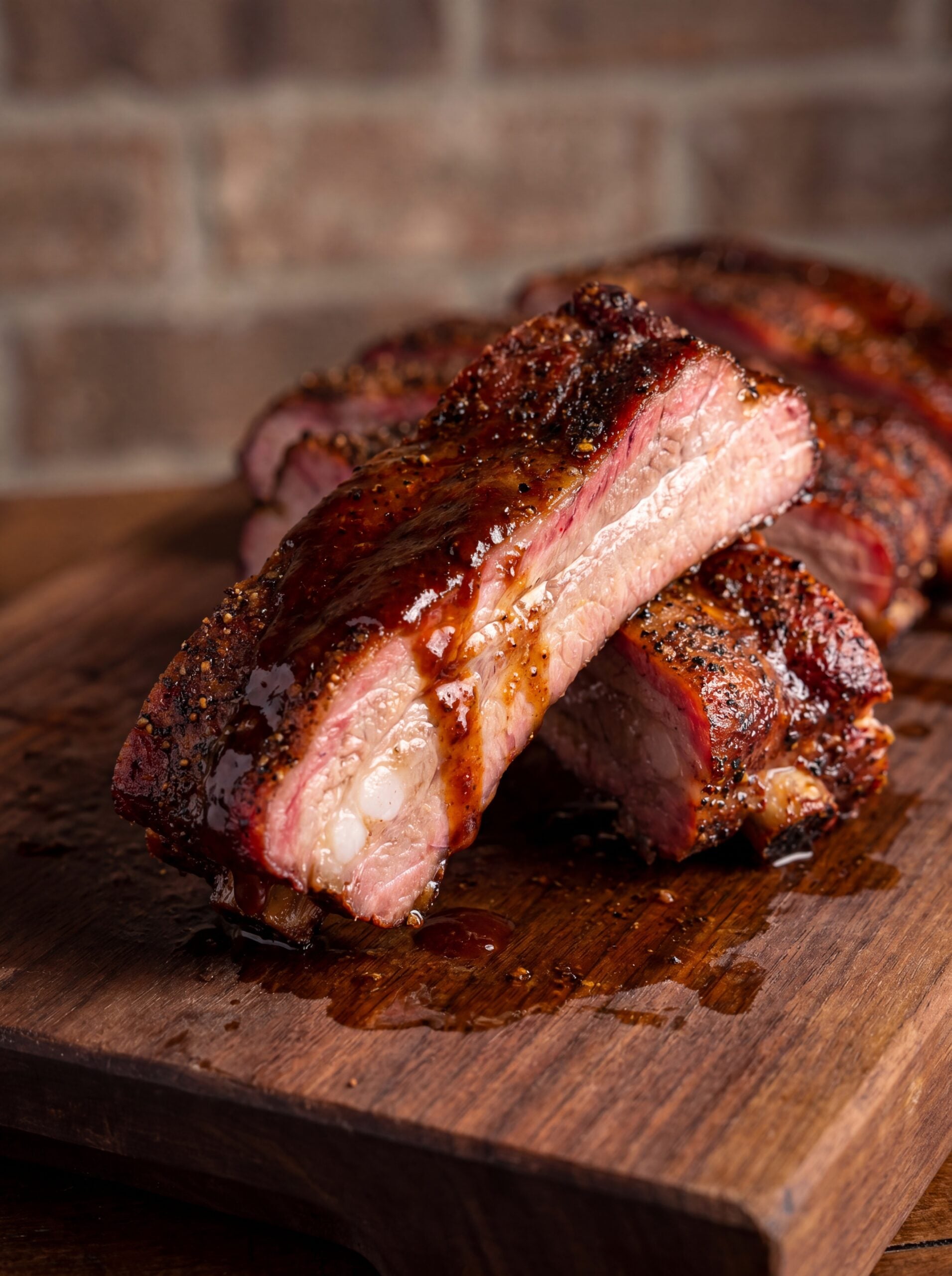 close up of juicy smoked country style ribs showing tender inside texture