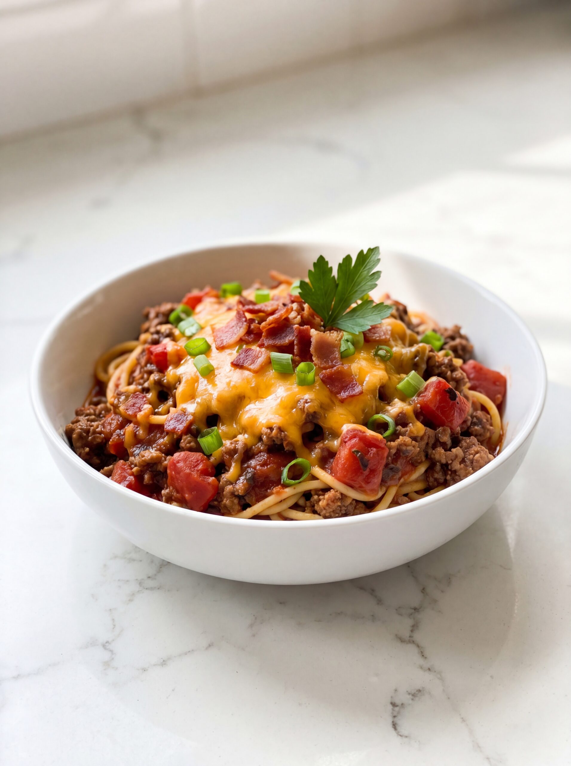 cowboy spaghetti recipe served in bowl with ground beef cheese bacon and green onions