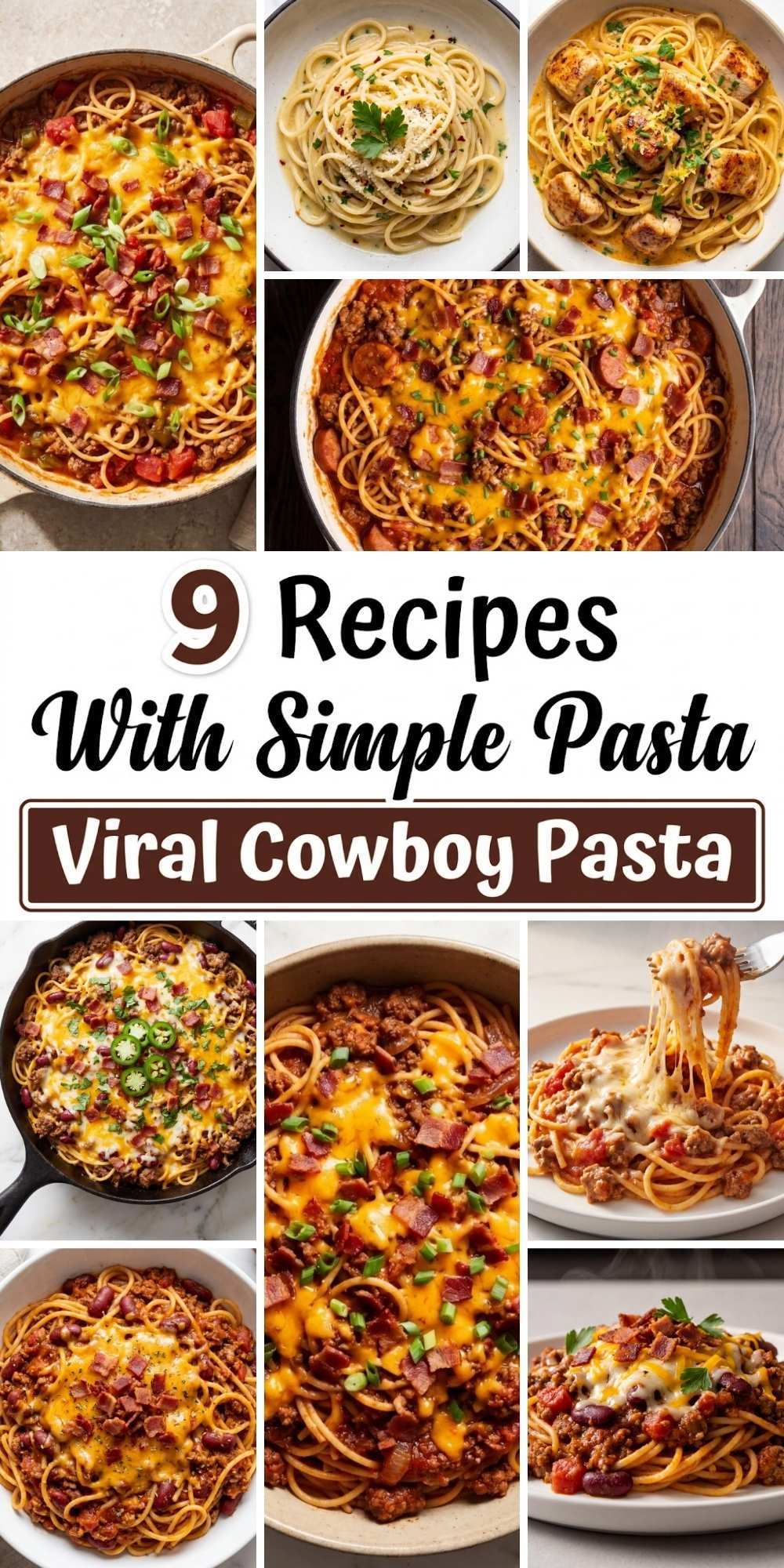 Collage of cowboy spaghetti recipes featuring cheesy pasta with beef, bacon, and rich tomato sauce variations