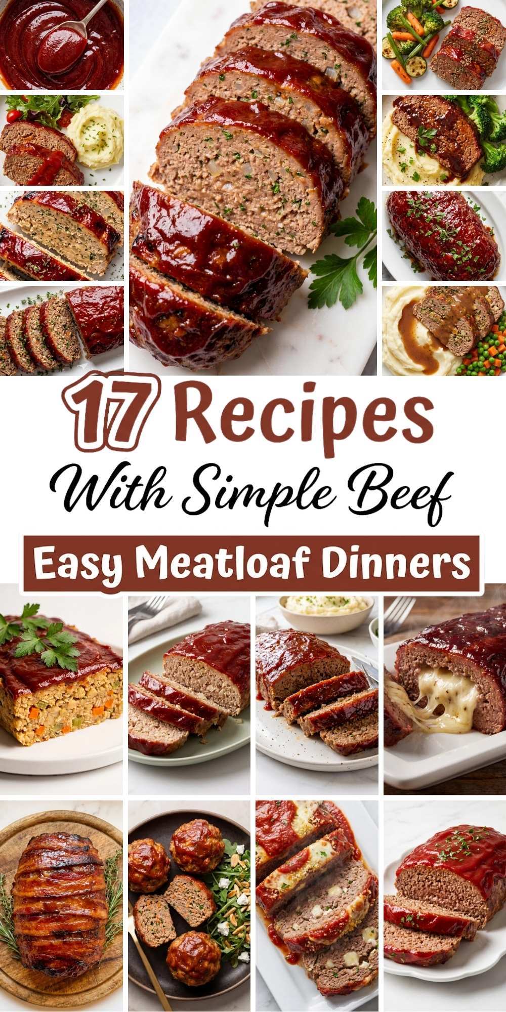 Collage of 17 easy meatloaf dinner recipes featuring glazed beef meatloaf, bacon wrapped meatloaf, cheesy stuffed meatloaf, meatballs, and classic comfort food dinner ideas.