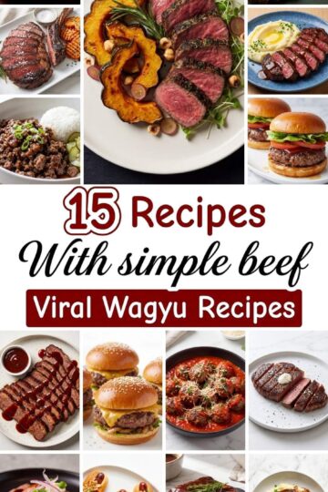Collage of 15 Wagyu beef recipes including steak, burgers, meatballs, ribs, and gourmet plated dishes