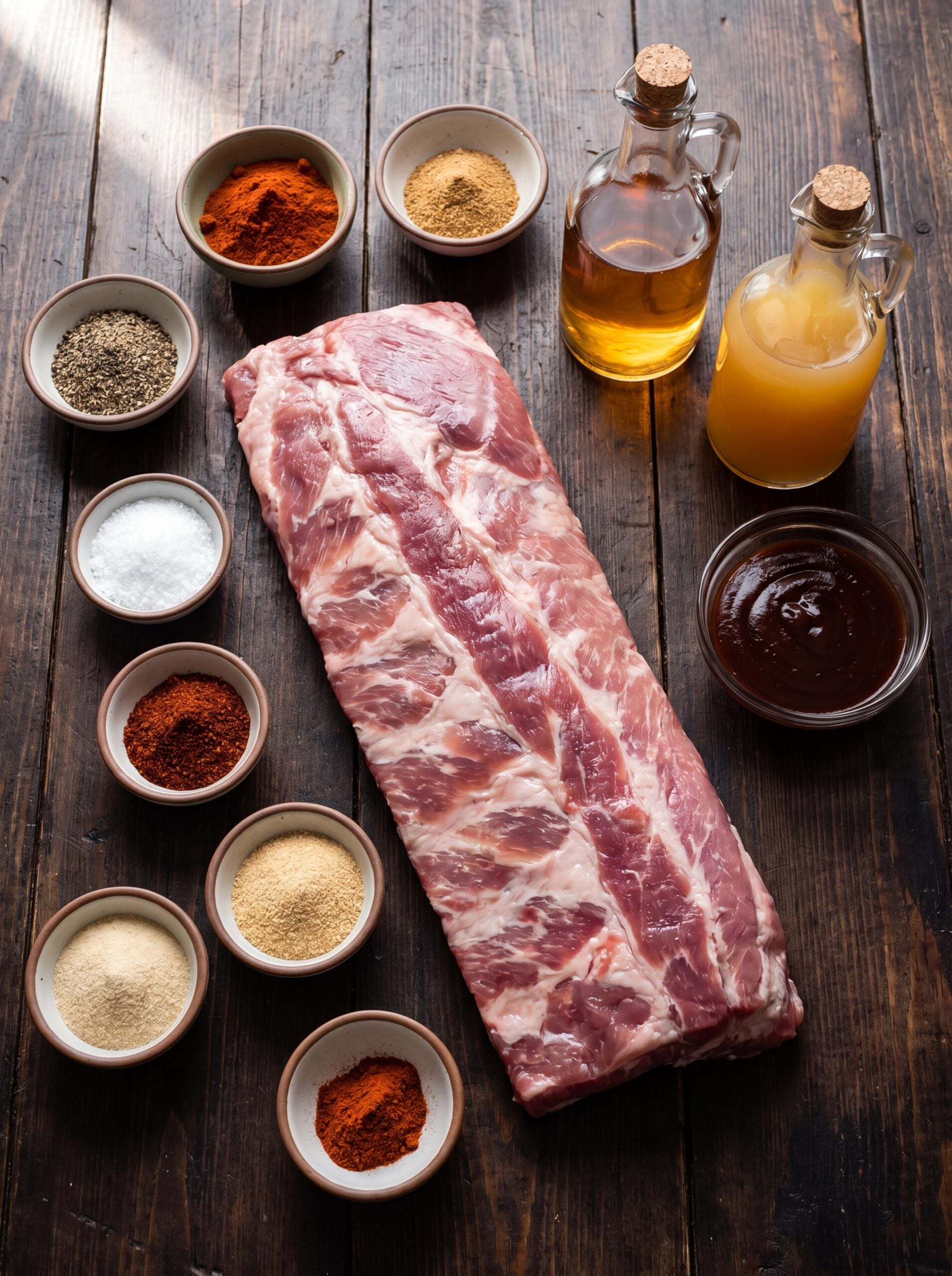 raw St Louis ribs with spices and bbq ingredients on wooden table
