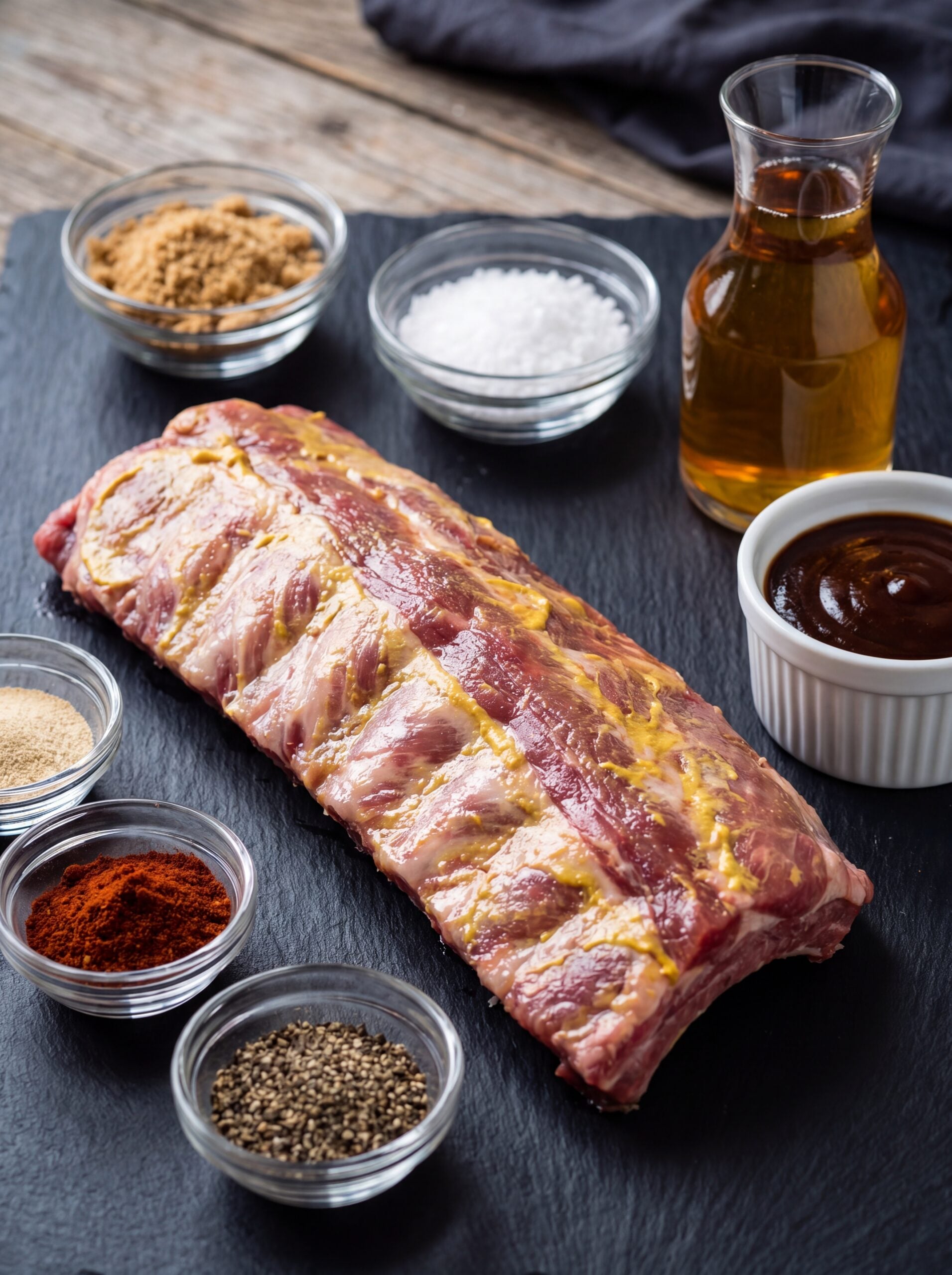 raw ribs with spices and bbq ingredients for pellet smoker ribs recipe